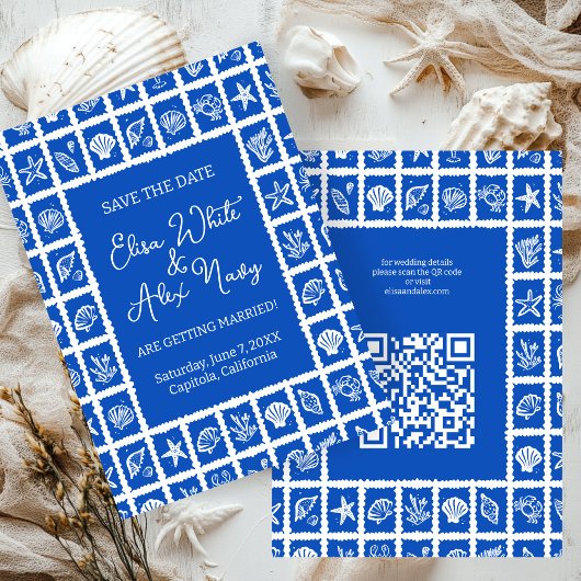 Seashell Grid Beach Wedding CUSTOM QR Code Save The Date