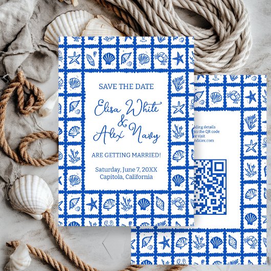 Seashell Grid Beach Wedding CUSTOM QR Code Save The Date