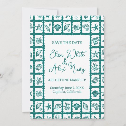 Seashell Grid Beach Wedding CUSTOM QR Code Save The Date (Vorderseite)
