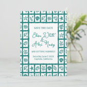 Seashell Grid Beach Wedding CUSTOM QR Code Save The Date (Stehend Vorderseite)