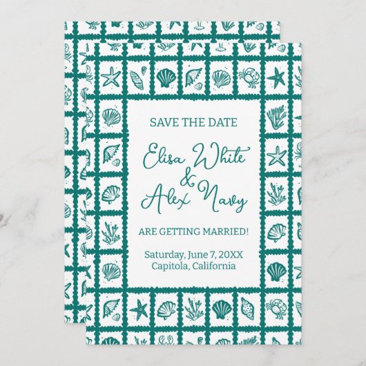 Seashell Grid Beach Wedding CUSTOM QR Code Save The Date (Vorne/Hinten)