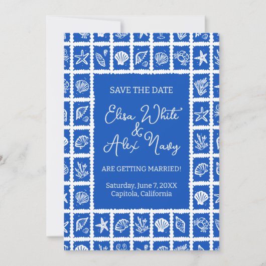 Seashell Grid Beach Wedding CUSTOM QR Code Save The Date (Vorderseite)