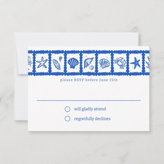 Seashell Grid Beach Wedding CUSTOM RSVP Karte (Vorderseite)