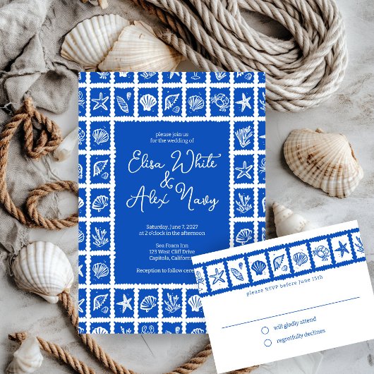 Seashell Grid Beach Wedding CUSTOM RSVP Karte