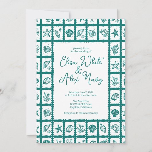 Seashell Grid Beach Wedding Green CUSTOM QR Code Einladung (Vorderseite)