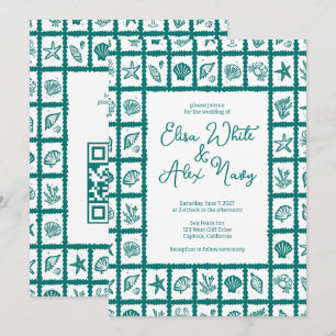 Seashell Grid Beach Wedding Green CUSTOM QR Code Einladung