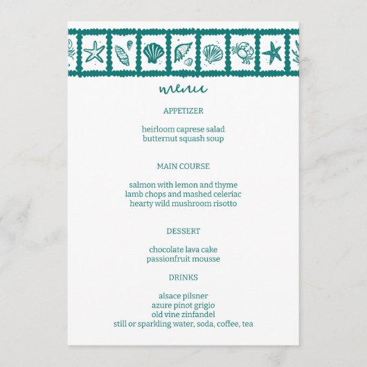 Seashell Grid Beach Wedding Green White CUSTOM Menükarte (Vorderseite)