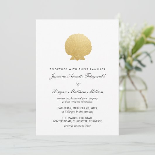 Seashell Imitate Gold Foil | Hochzeit am Ozean Einladung (Stehend Vorderseite)
