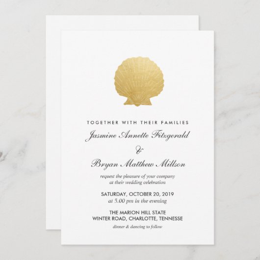 Seashell Imitate Gold Foil | Hochzeit am Ozean Einladung (Vorne/Hinten)