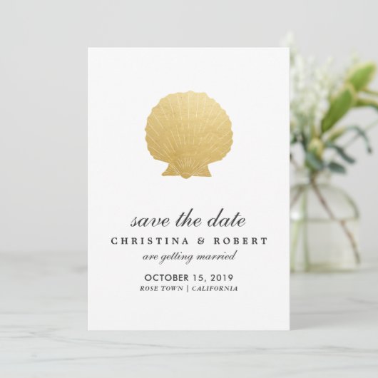 Seashell Imitate Gold Foil | Ozeane Save the Date Einladung (Stehend Vorderseite)
