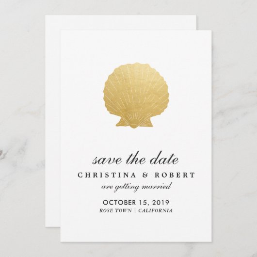 Seashell Imitate Gold Foil | Ozeane Save the Date Einladung (Vorne/Hinten)