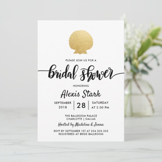 Seashell Imitats Gold Foil Ocean Brautparty Einladung (Stehend Vorderseite)