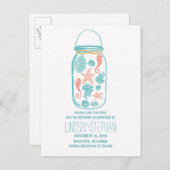 Seashell Mason Jar Beach Hochzeit Save the Date Ankündigungspostkarte (Vorne/Hinten)