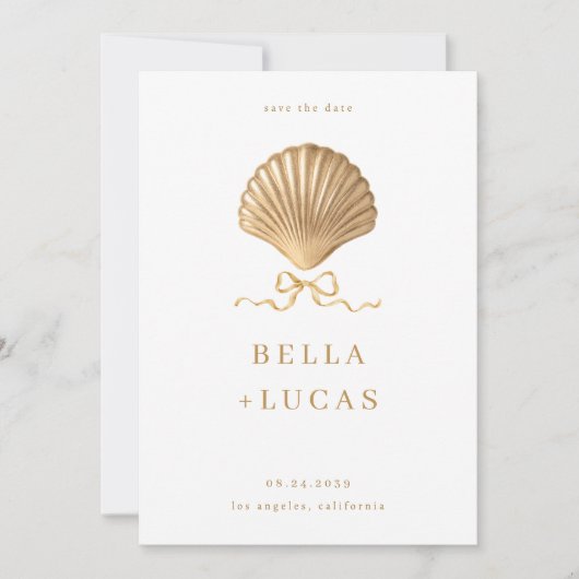 Seashell mit einer Bow Gold Beach Hochzeit in Urla Save The Date (Vorderseite)