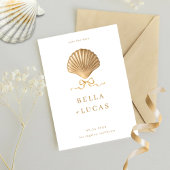 Seashell mit einer Bow Gold Beach Hochzeit in Urla Save The Date