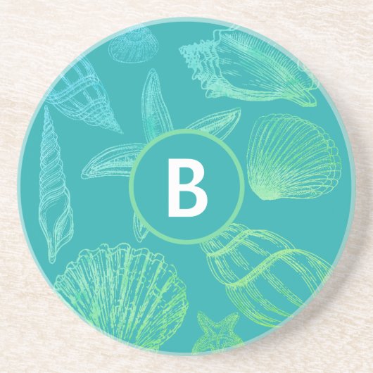 Seashell Monogram Name Blue Aquamarin Beach Musche Getränkeuntersetzer (Vorne)