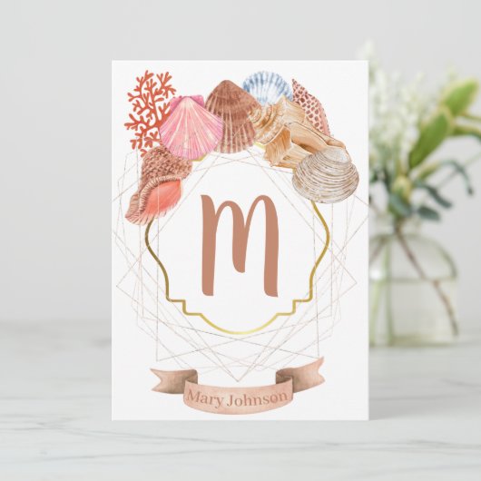 Seashell Monogram Wappen Notecard Einladung (Stehend Vorderseite)