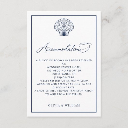 Seashell Navy Blue Beach Hochzeitsunterkünfte Begleitkarte (Vorderseite)