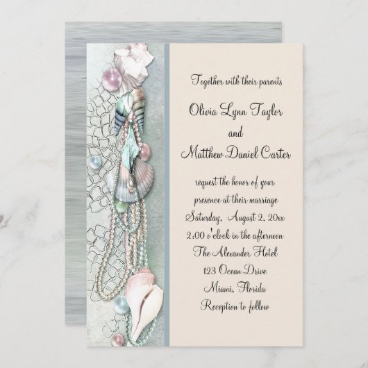 Seashell Pearls Eleganter Strand Hochzeit Einladung (Vorne/Hinten)