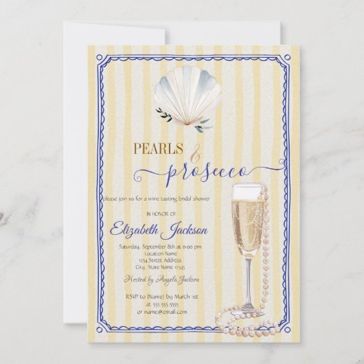 Seashell Pearls & Prosecco Gelb gestreift Einladung (Vorderseite)