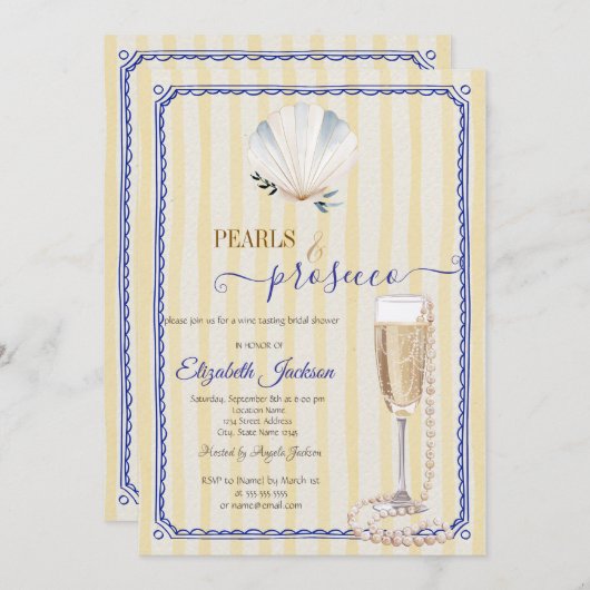 Seashell Pearls & Prosecco Gelb gestreift Einladung (Vorne/Hinten)