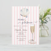 Seashell Pearls & Prosecco Pink gestreift Einladung (Stehend Vorderseite)