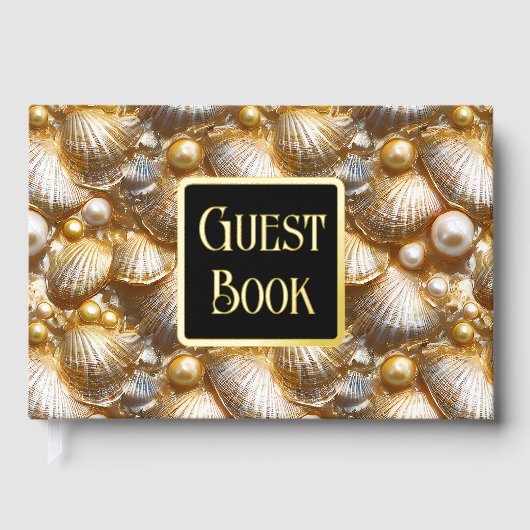 Seashell Perle echtes Goldfolie Strandbild Gästebuch (Vorderseite)