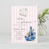 Seashell Petals & Prosecco Pink gestreift Einladung (Stehend Vorderseite)