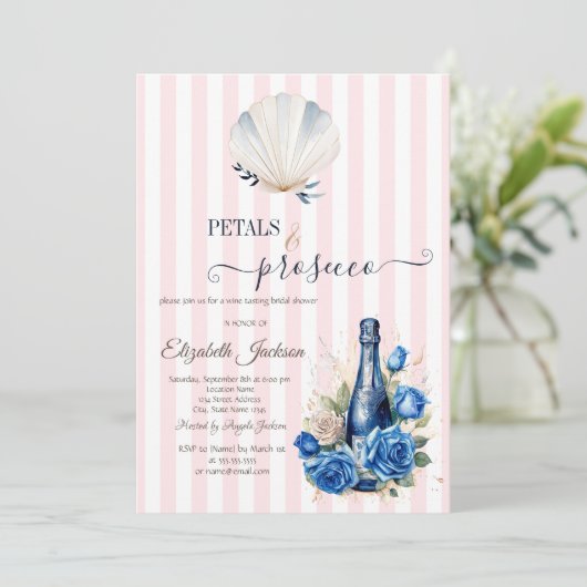 Seashell Petals & Prosecco Pink gestreift Einladung (Stehend Vorderseite)