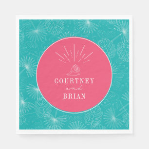 Seashell Pink & Blue Palm Tropical Beach Hochzeit Serviette