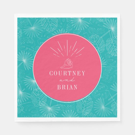 Seashell Pink & Blue Palm Tropical Beach Hochzeit Serviette (Vorderseite)