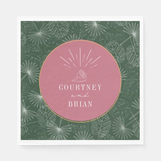 Seashell Pink & Green Palm Tropical Beach Hochzeit Serviette (Vorderseite)