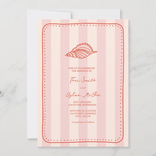 Seashell Pink Stripe Tropical Wedding Einladung (Vorderseite)