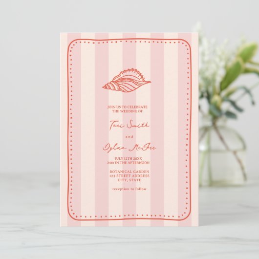 Seashell Pink Stripe Tropical Wedding Einladung (Stehend Vorderseite)