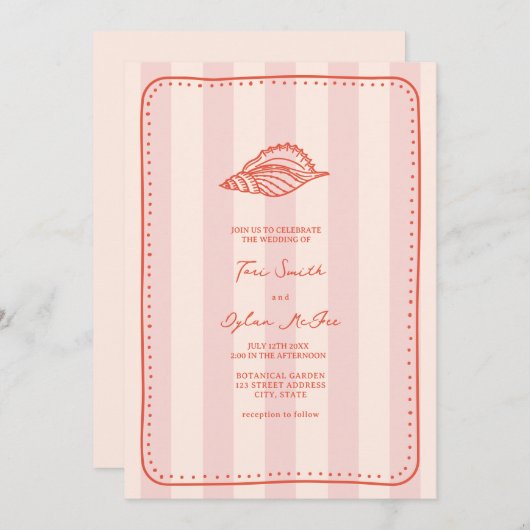 Seashell Pink Stripe Tropical Wedding Einladung (Vorne/Hinten)