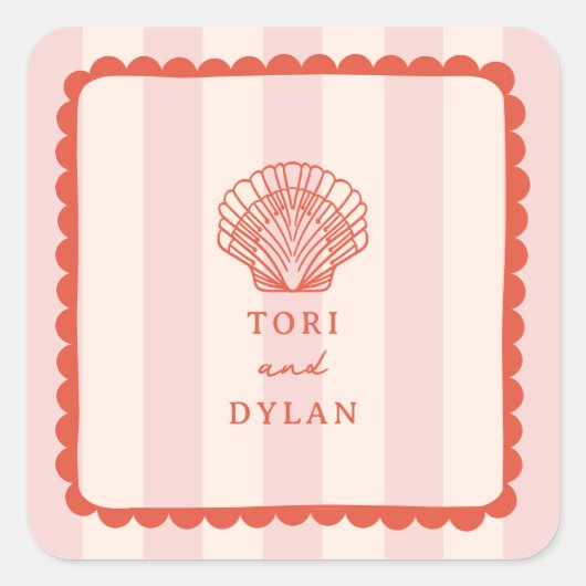 Seashell Pink Striped Tropical Beach Hochzeit Quadratischer Aufkleber (Vorderseite)