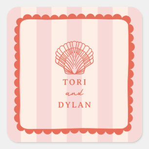 Seashell Pink Striped Tropical Beach Hochzeit Quadratischer Aufkleber