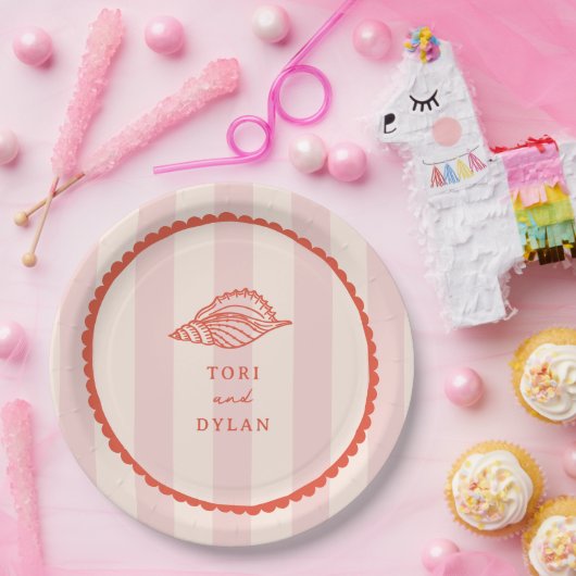 Seashell Pink Tropical Stripe Wedding Pappteller (Party)