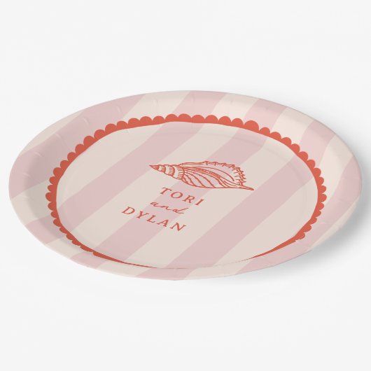 Seashell Pink Tropical Stripe Wedding Pappteller (Schrägansicht)