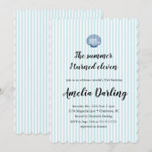 Seashell Preppy Blue Stripe Summer I turned Eleven Einladung (Vorne/Hinten)