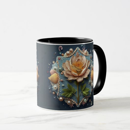 Seashell Rose Tasse Beachy Denim Pearl Design (VorderseiteRechts)
