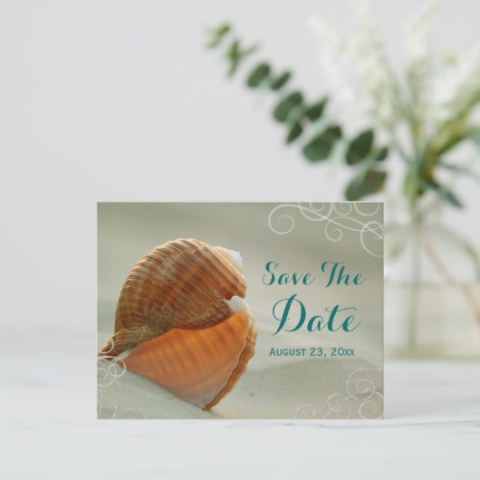 Seashell Save the Date Wedding Post Card Ankündigungspostkarte (Stehend Vorderseite)