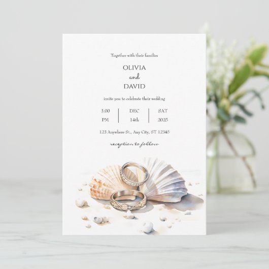 Seashell Shore Hochzeit Einladung (Stehend Vorderseite)