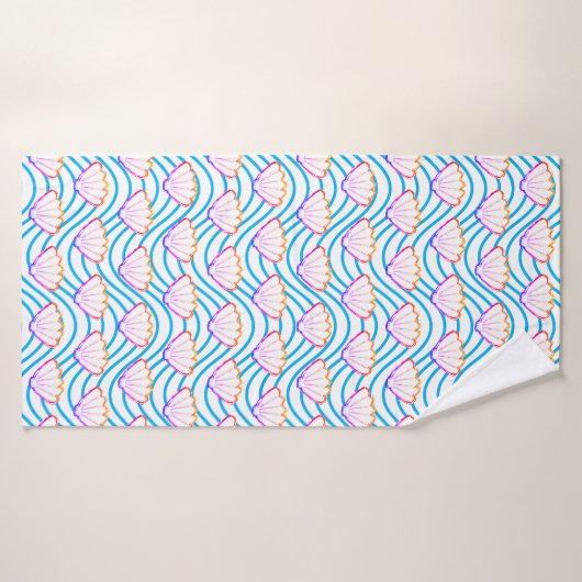 Seashell Sketch weiß und blau Wellenmuster Badehandtuch (Badehandtuch)