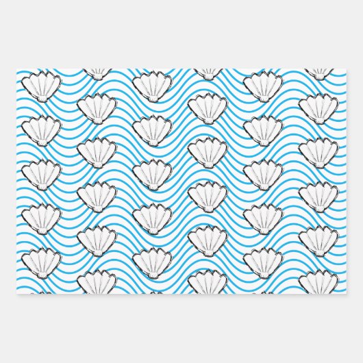 Seashell Sketch weiß und blau Wellenmuster Geschenkpapier Set (Vorderseite 3)