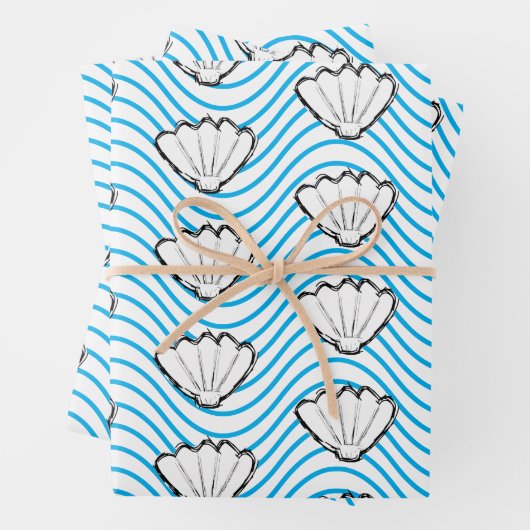 Seashell Sketch weiß und blau Wellenmuster Geschenkpapier Set (Beispiel)