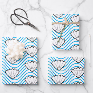 Seashell Sketch weiß und blau Wellenmuster Geschenkpapier Set