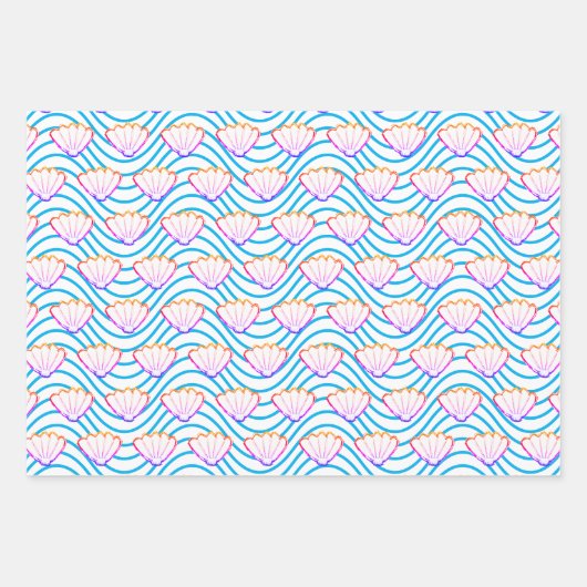 Seashell Sketch weiß und blau Wellenmuster Geschenkpapier Set (Vorderseite 3)