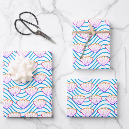 Seashell Sketch weiß und blau Wellenmuster Geschenkpapier Set (Vorderseite)