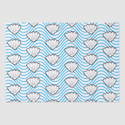 Seashell Sketch weiß und blau Wellenmuster Seidenpapier (Vorderseite)
